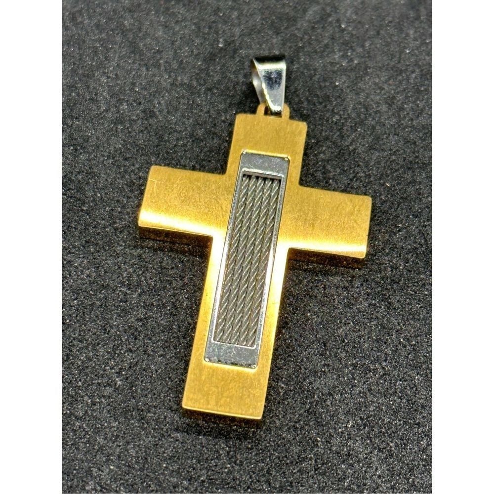 Men's Stainless Steel 2-Tone Layered Cross Polished Finish Pendant Necklace GOOD